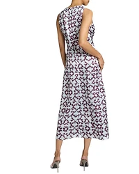 EDEN Sleeveless Fit and Flare Midi Dress with Center Ruching Graphic Printed Charmeuse