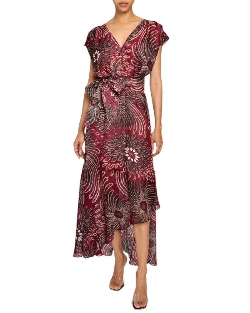 FALLON Cap Sleeve Midi Fit and Flare Dress with Hi-Lo Skirt Silk Modern Gingham Floral Print