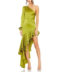 Mac Duggal Charmeuse One Sleeve Ruffled Asymmetrical Gown