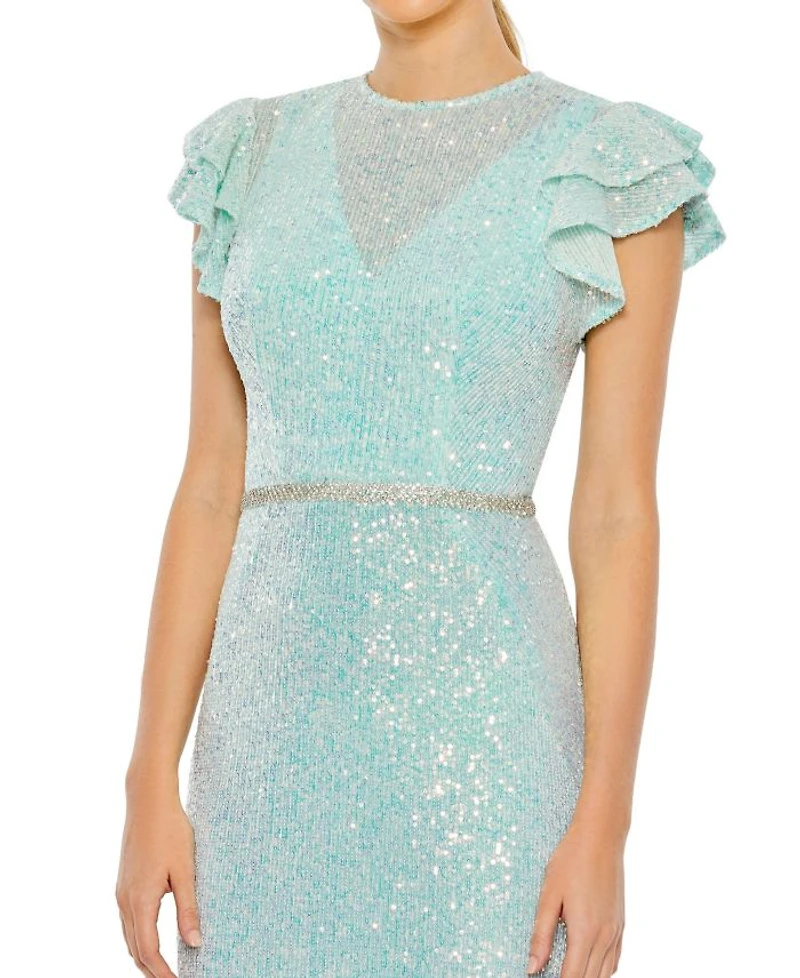 Sequined High Neck Flutter Sleeve Gown