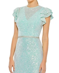 Sequined High Neck Flutter Sleeve Gown