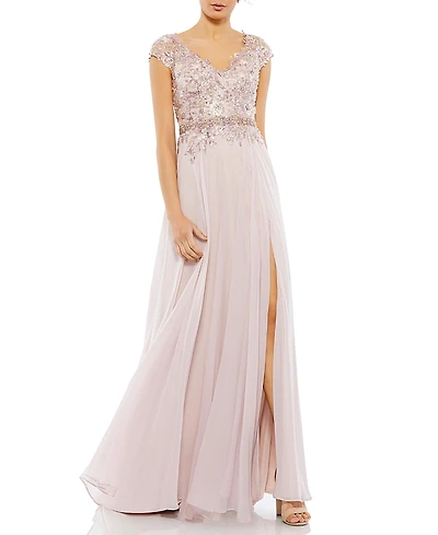 Mac Duggal Embellished Cap Sleeve Bodice Flowy Gown