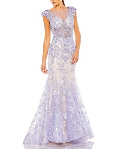 Embellished Cap Sleeve Cowl Neck Trumpet Gown