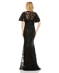 Embellished Flutter Sleeve High Neck Gown
