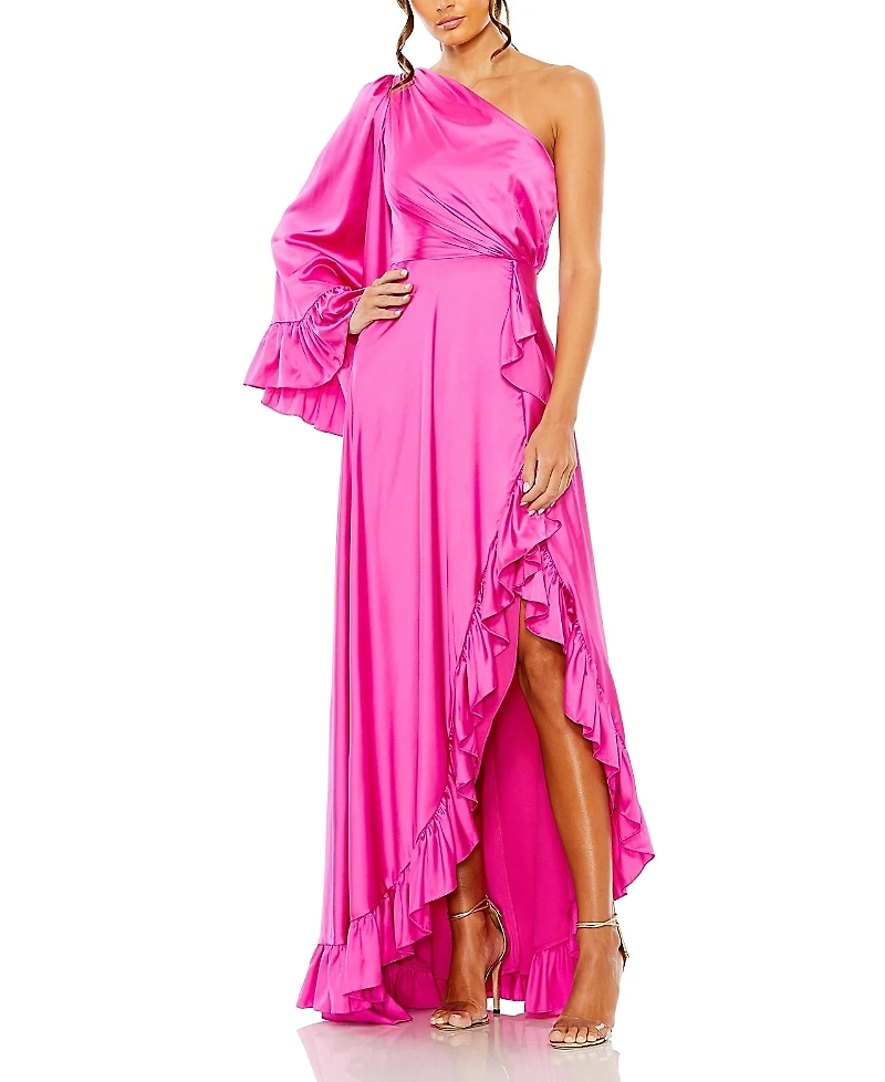 Mac Duggal Long One Sleeve Asymmetrical Ruffle Hem Gown