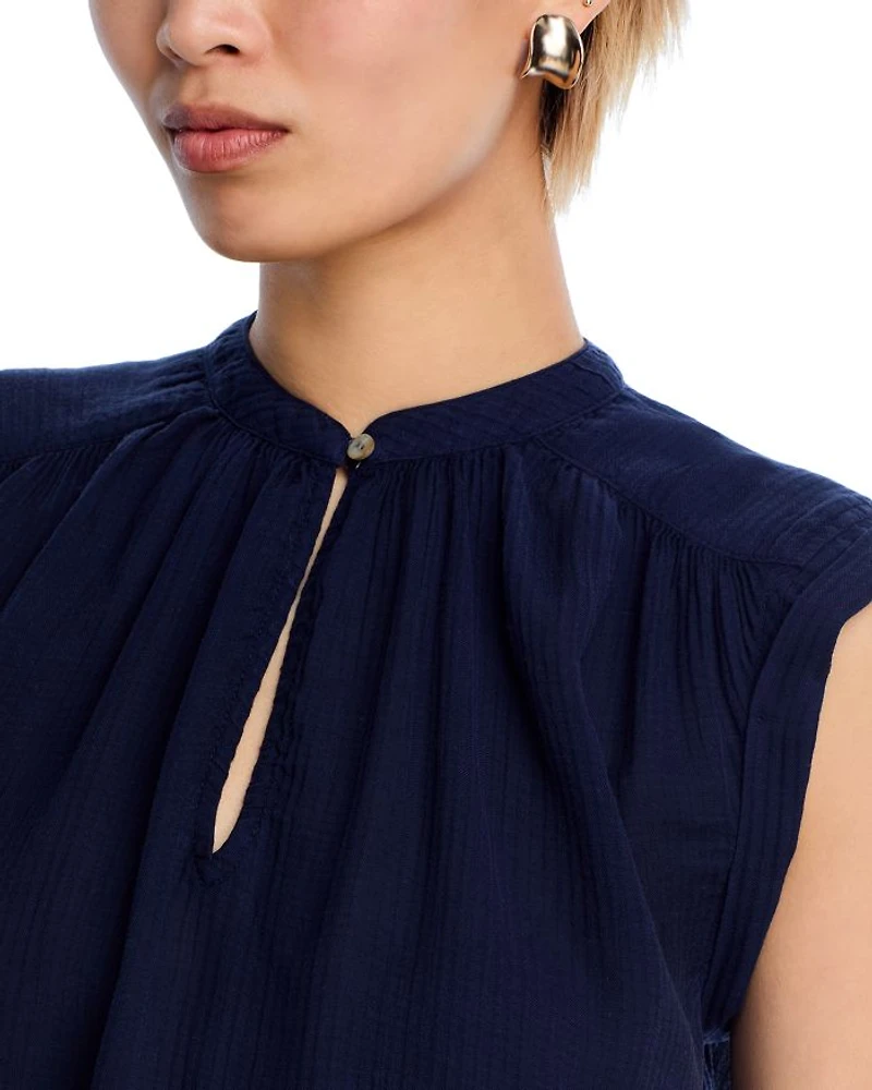 Shirred Cap Sleeve V Neck Top