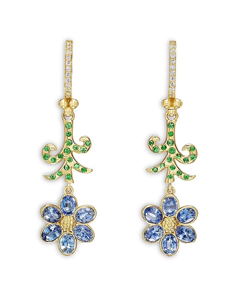 Temple St. Clair 18K Yellow Gold Fj Blue Sapphire, Tsavorite & Diamond Fiori Flower Drop Earrings