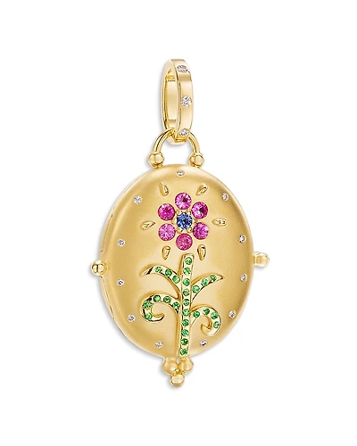 Temple St. Clair 18K Yellow Gold Fj Multi Gemstone & Diamond Flower & Stem Oval Locket