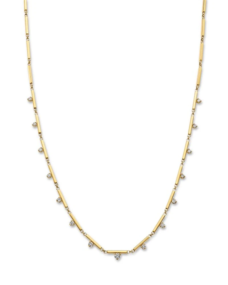 14K Yellow Gold Prong Diamonds Linked Bar Collar Necklace, 15-17"