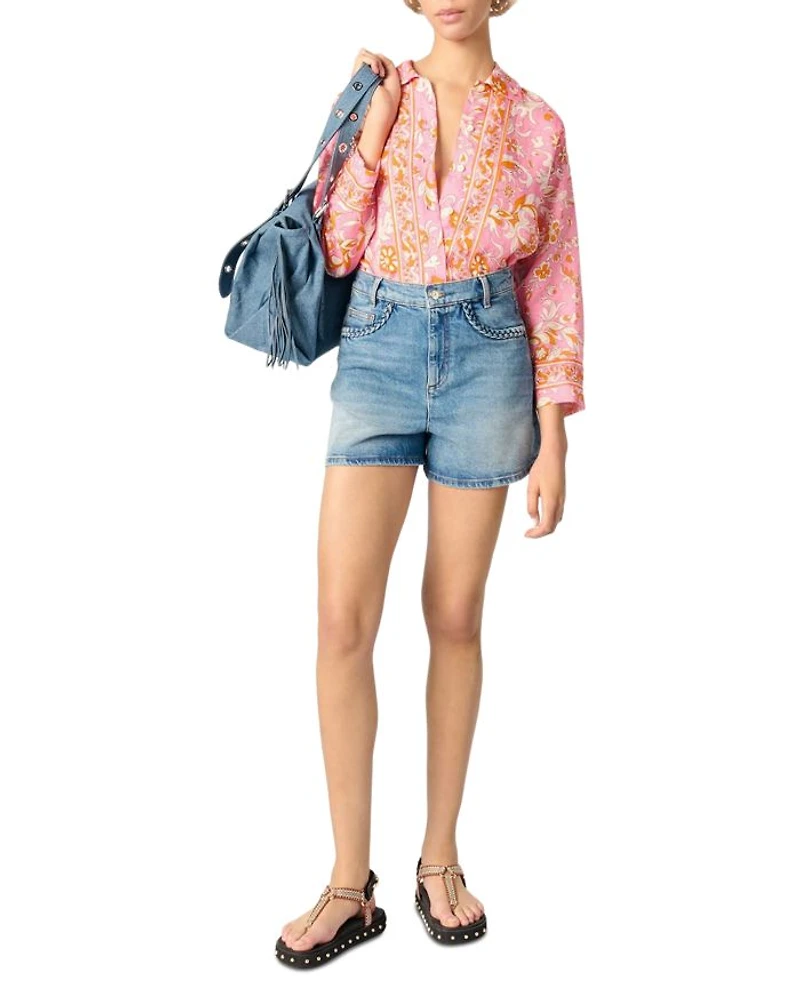 Denim Shorts with Braided Trim Blue