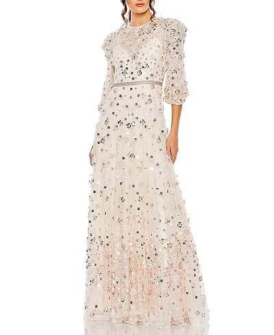 Mac Duggal Floral Applique Puff Sleeve High Neck A-Line Gown