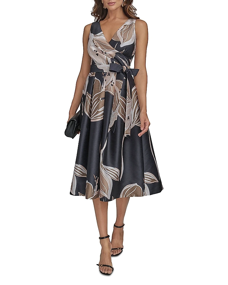 Donna Karan Floral Tie Waist Midi Dress