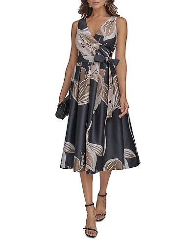 Donna Karan Floral Tie Waist Midi Dress