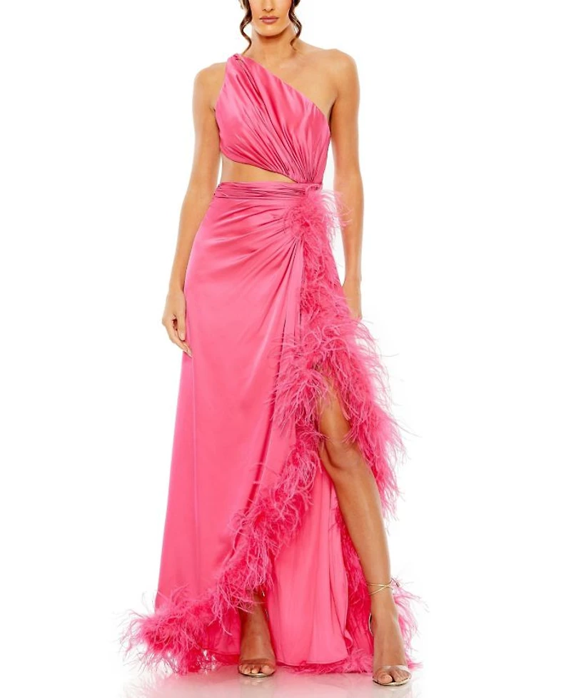 One Shoulder Key Hold Detail with Feather Lining Dress