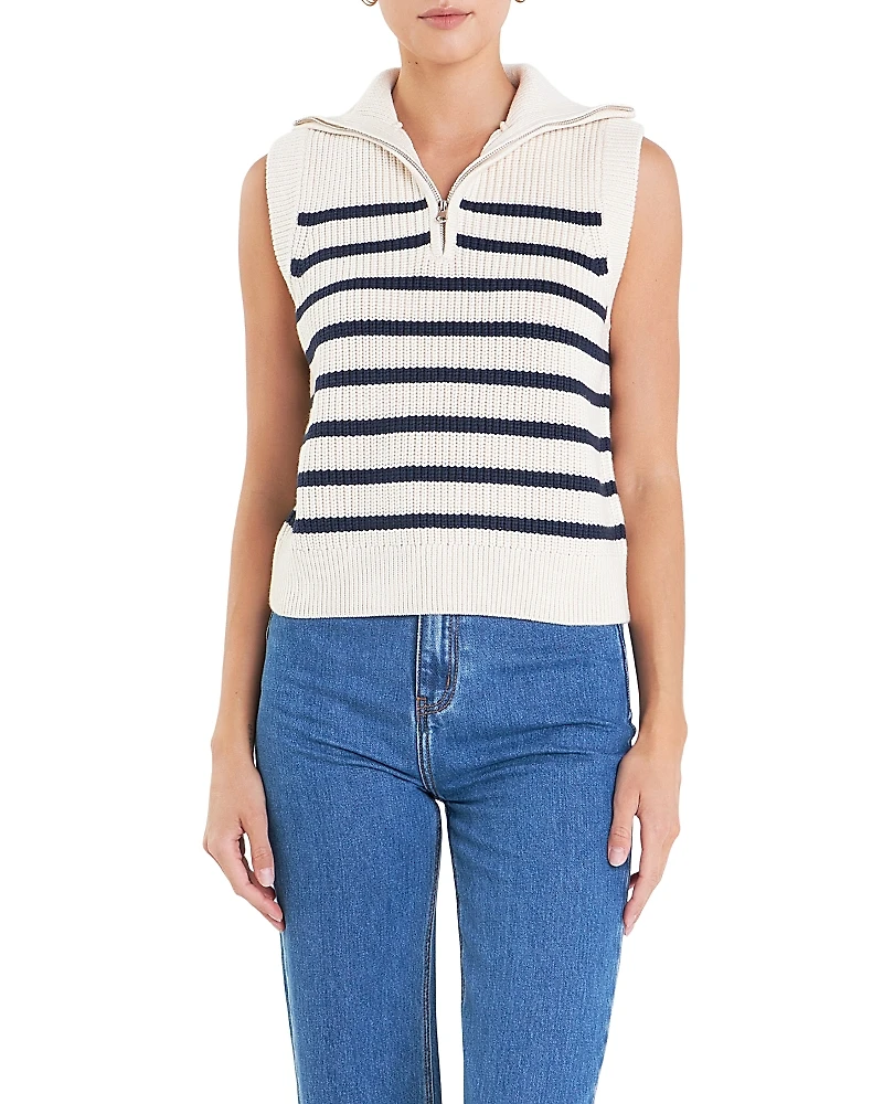 English Factory Women's Stripe Half Zip Up Sleeveless Knit Top