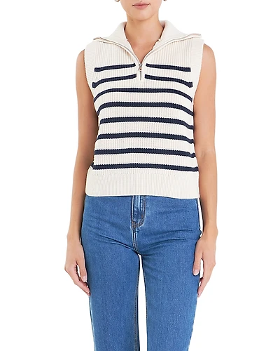 English Factory Women's Stripe Half Zip Up Sleeveless Knit Top