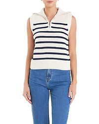English Factory Women's Stripe Half Zip Up Sleeveless Knit Top