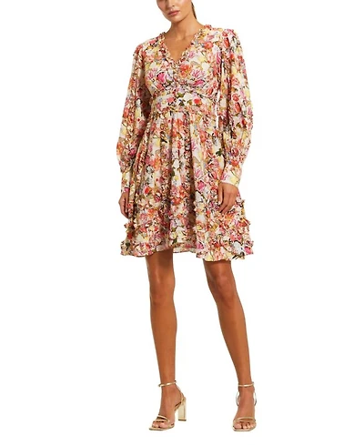 Ruffle Floral V Neck Cotton Mini Dress