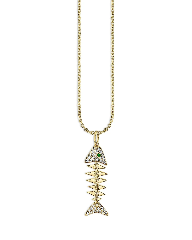 Sydney Evan 14K Yellow Gold Diamond & Emerald Fishbone Pendant Necklace, 16-18