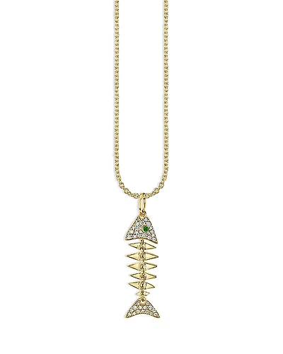 Sydney Evan 14K Yellow Gold Diamond & Emerald Fishbone Pendant Necklace, 16-18
