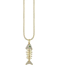 Sydney Evan 14K Yellow Gold Diamond & Emerald Fishbone Pendant Necklace, 16-18