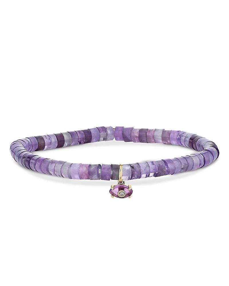 Sydney Evan 14K Yellow Gold Amethyst & Diamond Evil Eye Charm Light Amethyst Heishi Beaded Stretch Bracelet