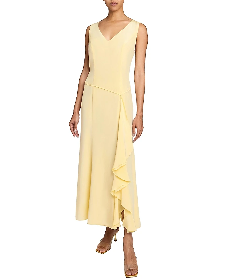 Santorelli Emerson Sleeveless Silk Midi Dress with Skirt Side Cascading Ruffles