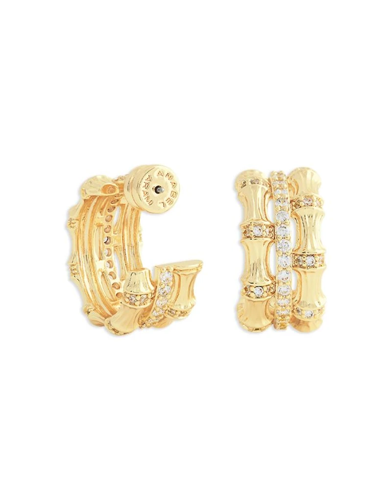 Pavé Bamboo Stacked Half Hoop Earrings in 18K Gold Plated