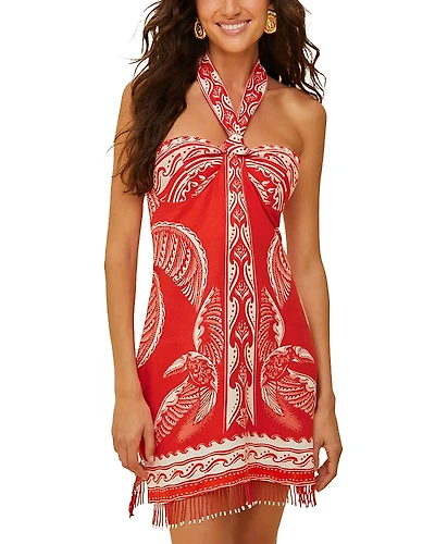 Farm Rio Majestic Coconut Tree Red Mini Linen Dress