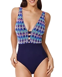Retro Riviera Deep V Neck Halter One Piece Swimsuit