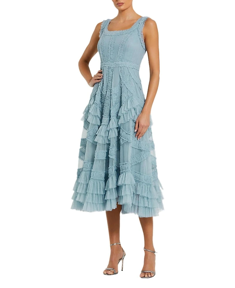 Mac Duggal Scoop Neck Sleeveless Mesh Micro Ruffle Midi Dress