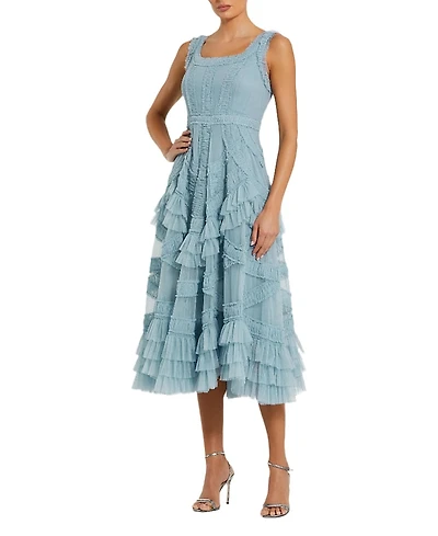 Mac Duggal Scoop Neck Sleeveless Mesh Micro Ruffle Midi Dress