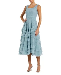 Mac Duggal Scoop Neck Sleeveless Mesh Micro Ruffle Midi Dress