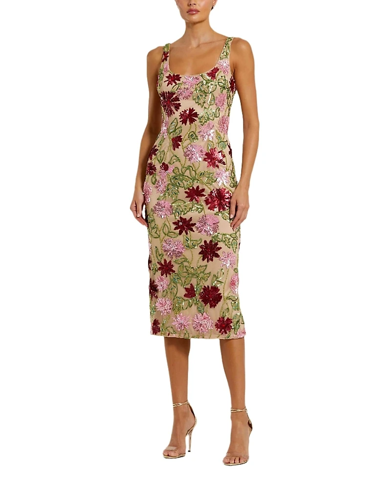 Mac Duggal Floral Beaded Mesh Scoop Neck Fitted Midi Dress