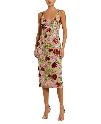 Mac Duggal Floral Beaded Mesh Scoop Neck Fitted Midi Dress