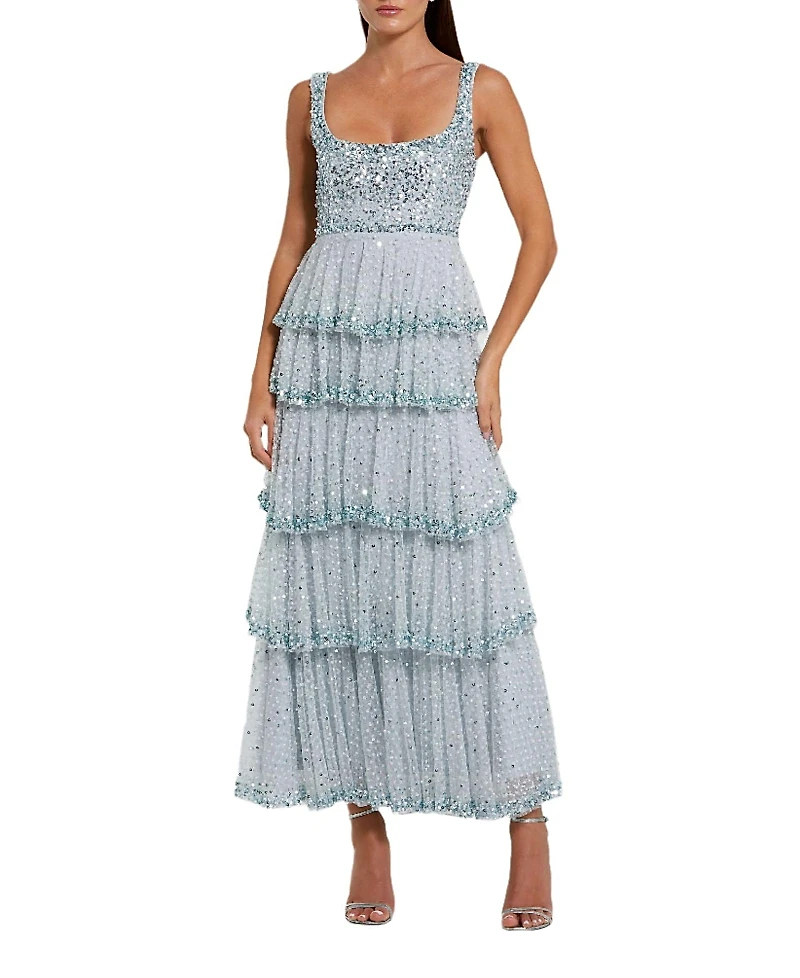 Mac Duggal Embellished Net Tiered Ruffle Scoop Neck Gown