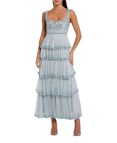 Mac Duggal Embellished Net Tiered Ruffle Scoop Neck Gown