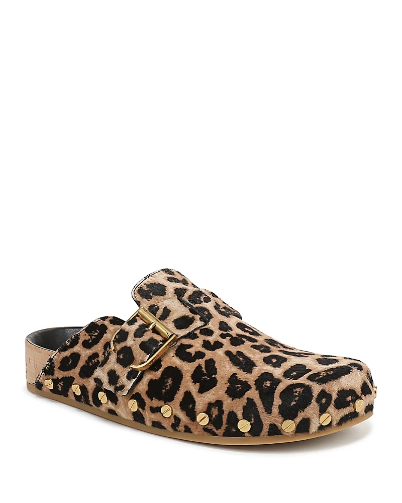 Veronica Beard Women's Fern Leopard Print Calf Hair Studded Clogs