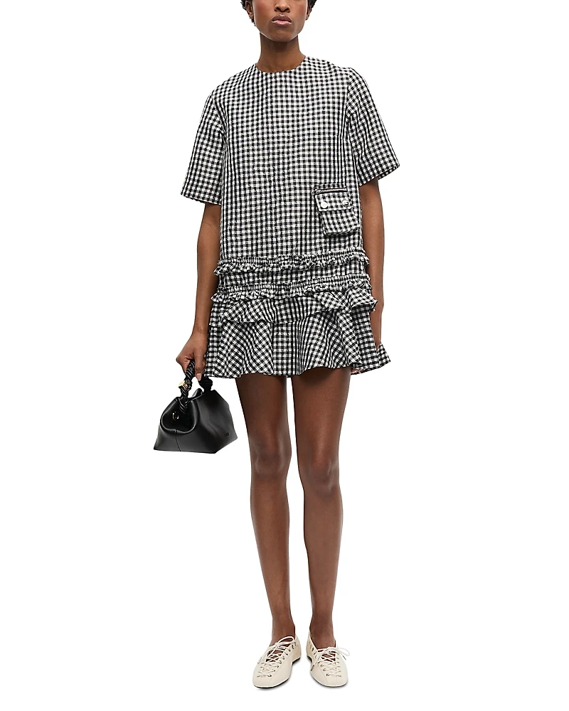 Ganni Gingham Crinkled Mini Dress