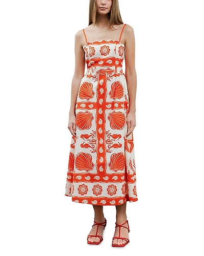 Moon River Printed Scallop Neck Midi Dress
