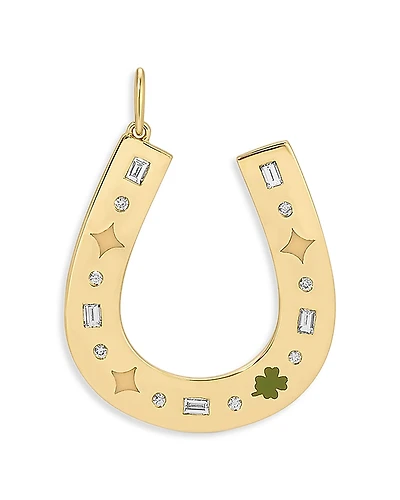 Ef Collection 14K Yellow Gold Diamond Round & Baguette Cut Jumbo Lucky Horseshoe Charm