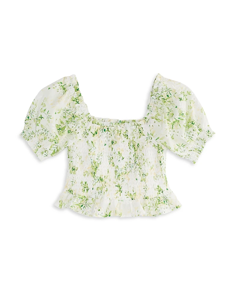 Aqua Girls' Cotton Voile Eyelet Print Top, Big Kid - Exclusive