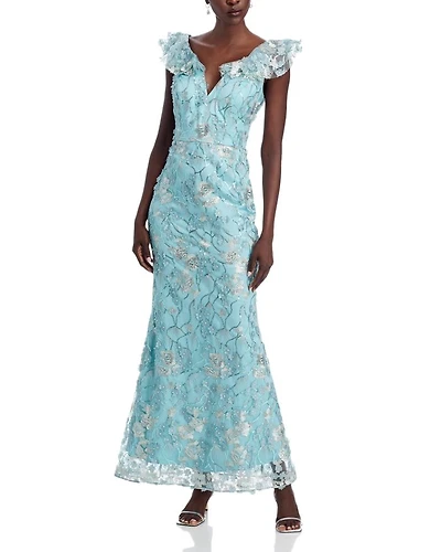 V-Neck 3D Flower Sleeveless Gown