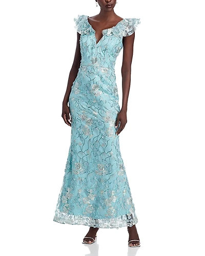 Eliza J V-Neck 3D Flower Sleeveless Gown