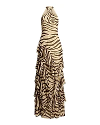 Zebra Print Ruffle Trim Georgette Gown