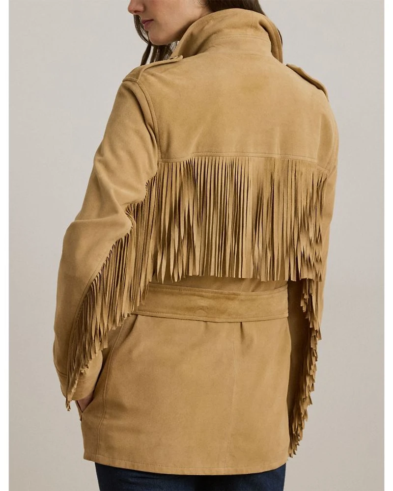 Fringe Trim Belted Goat Suede Jacket