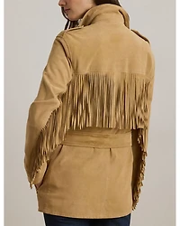 Fringe Trim Belted Goat Suede Jacket