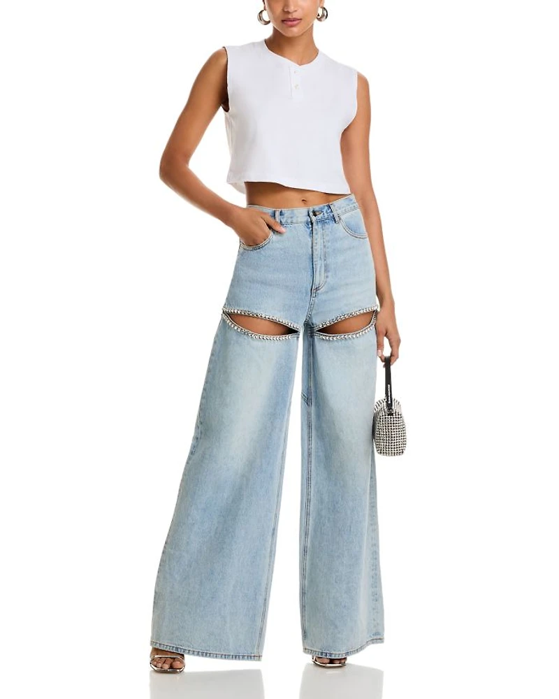 Wide Leg Crystal Slit Jeans Light Blue