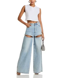 Wide Leg Crystal Slit Jeans Light Blue
