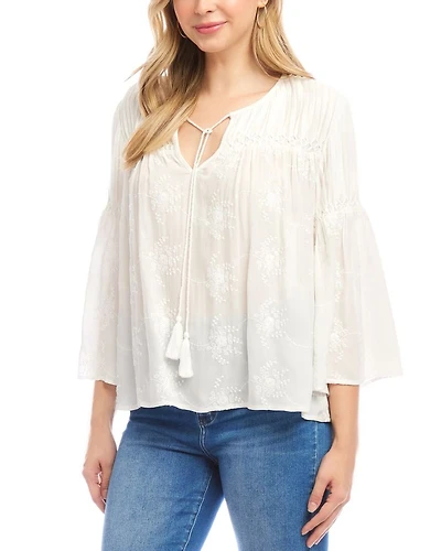 Embroidered Pin Tuck Top